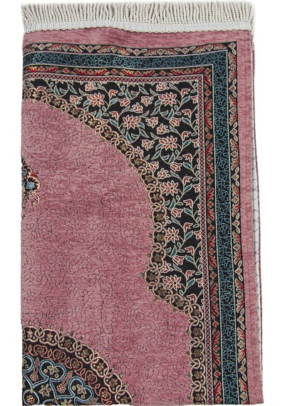 Pembe Geleneksel Motifli Örgü Saçaklı Mihraplı Astarlı Şönil Seccade 001