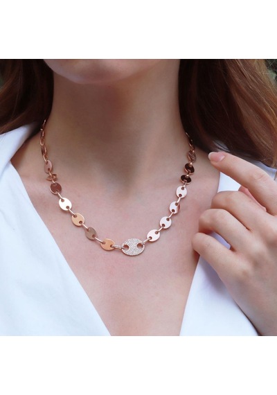 Düğme Modeli Zirkon Taşlı Rose Gold Kaplama Gümüş Kolye Gümüş