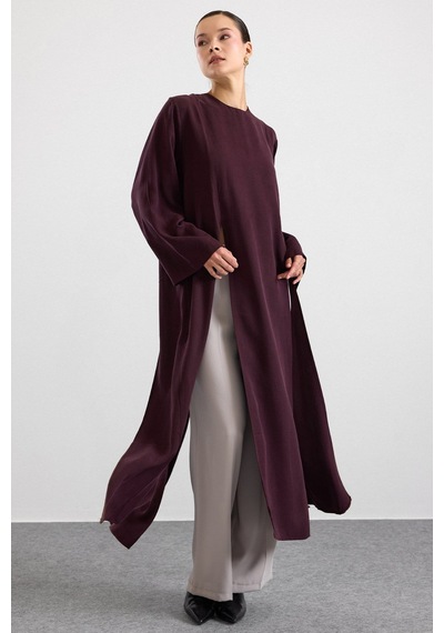 Olcay Derin Yırtmaçlı Oversize Uzun Tunik Mürdüm 9838