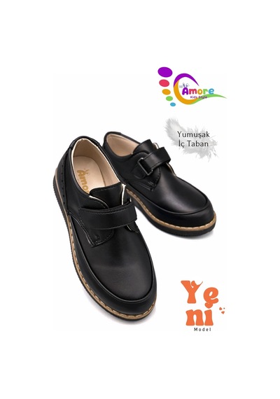 Sermoda Lil Amore Cırt Cırtlı Erkek Çocuk Ayakkabısı Okul & Sünnet Düğünü İçin Klasik Model Mat Siyah