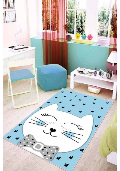 Mavi Kaymaz Tabanlı Yıkanabilir Kedili Bebek Halısı Kd08n11