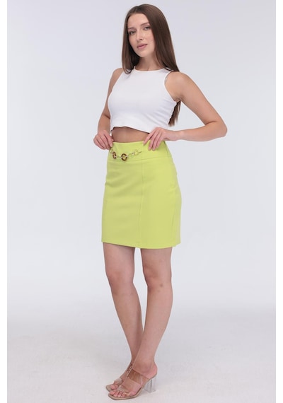Selectmoda Kadın Zincir Toka Detaylı Modern Şık Mini Etek Yeşil