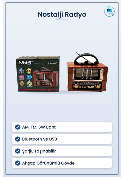 Nostalji Radyo Ahşap Görünümlü Taşınabilir Am Fm Sw Bluetooth Usb
