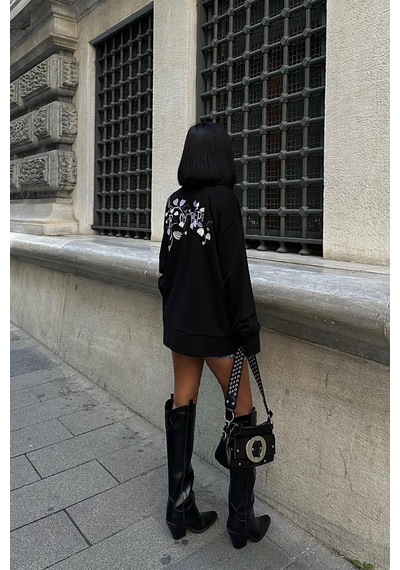 Kadın Siyah Dokuma Oversize Uzun Kollu Sweatshirt Siyah