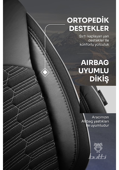 Siyah - Gri Butti Libro Serisi Keten Kumaş Premium Oto Koltuk Kılıfı Destekli, Ön Arka Tam Set