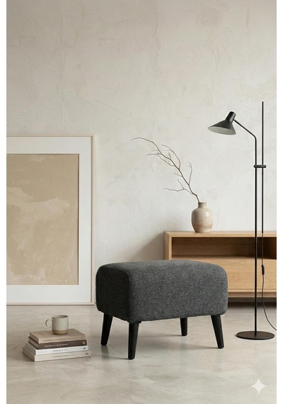 Coart Home Minimalist İskandinav Tarz Puf, Antrasit Gri, 48x40x38 Cm, Keten Kumaş, Ahşap Ayaklı, Dikdörtgen Diğer