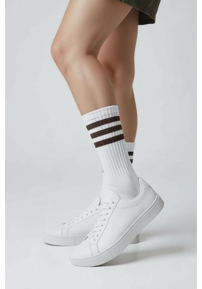 Plus Scorpion Beyaz Çizgili Tenis Çorabı Unisex Pamuklu, Uzun Spor Çorabı Beyaz