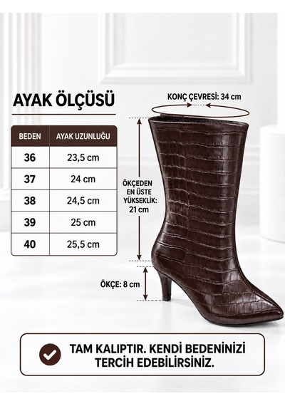 Dabab Shoes Selvıa Kadın Acı Kahve Kroko Cilt Sivri Burun İçi İnce Kürklü 8 Cm İnce Topuklu Orta Konç Bot Bootie Kahverengi