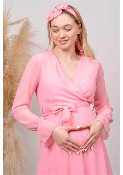 Dip Moda Kadın Beyaz Baby Shower Şifon Hamile Elbise Dphml003 Pudra