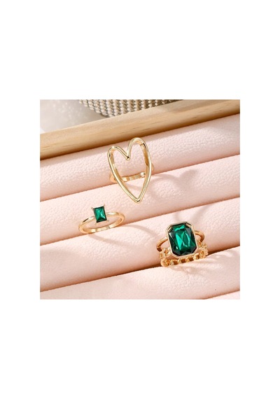 Romance Gold Altın Renkli Siyah Taşlı Vintage Bohem 3 Parça 3'lü Yüzük Seti Kırmızı - Mavi