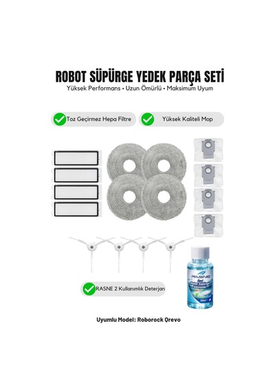 Roborock Qrevo İle Uyumlu 4 Beyaz Yan Fırça 4 Filtre 4 Mop 1 Deterjan 4 Toz Torbası 6.0