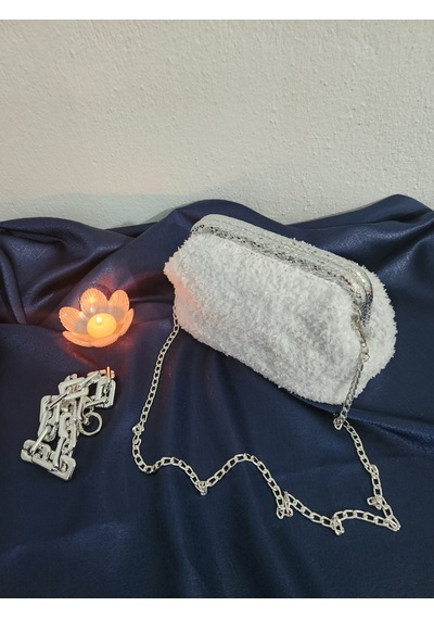 Shine, Beyaz Simli, Handmade, Teddy, Burslu, Kadın El Çantası Beyaz - Gümüş