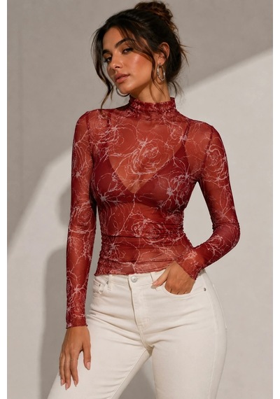 Bb Butik Basic Desenli Transparan Tül Uzun Kollu Bluz Fk3535 Desen 3