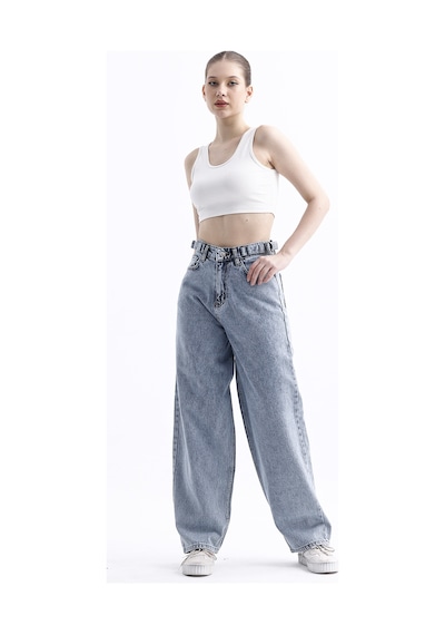 Pass&pass 2430 Kadın Yandan Tokalı Baggy Jeans Kot Denim Pantolon Kar Yıkama