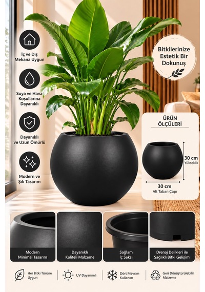 Siyah Yuvarlak İç Ve Dış Saksı Seti 27 Litre Dış Saksı 9,5 Litre İç Saksı Modern Dekoratif Büyük Boy Saksı -