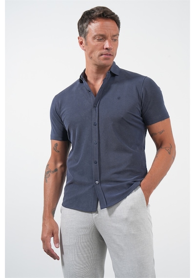 İmza Lacivert İtalyan Yaka Kısa Kol Cepsiz Slim Fit Esnek Gömlek 1004260159