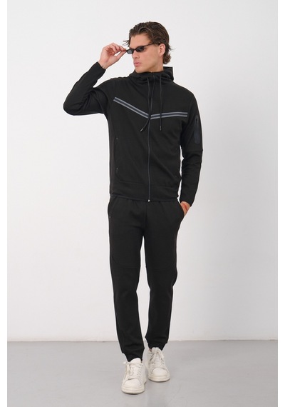 Dechers Erkek Siyah Tech Fleece Double Face Kapüşonlu Fermuarlı Eşofman Takımı - E228