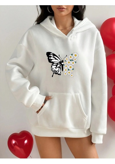 Uyguntarz Papatya Kelebek Baskılı Oversize Sweatshirt beyaz