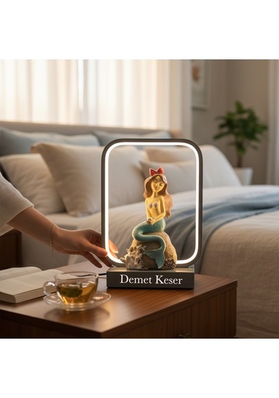 Kişiye Özel İsimli Deniz Kızı Figürlü Led Masa Lambası Modern Dekoratif Gece Lambası