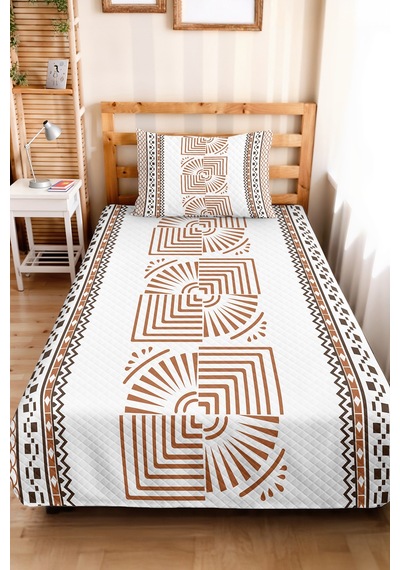 Kahverengi Geometrik Tek Kişilik Dekoratif Pike Takımı - Beyaz Etnik Bohem 160x220 Cm Yatak Örtüsü Kumlu Misk Uyumu