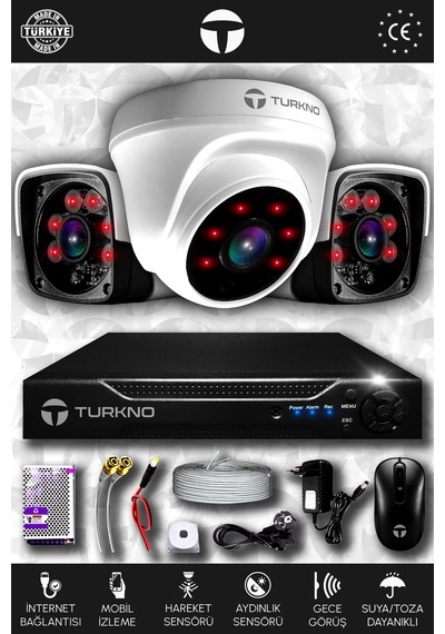Turkno 3 Kameralı Pania 1 İç Kamera Set HDD'siz Full HD Gece Görüşlü Güvenlik Kamerası Sistemi