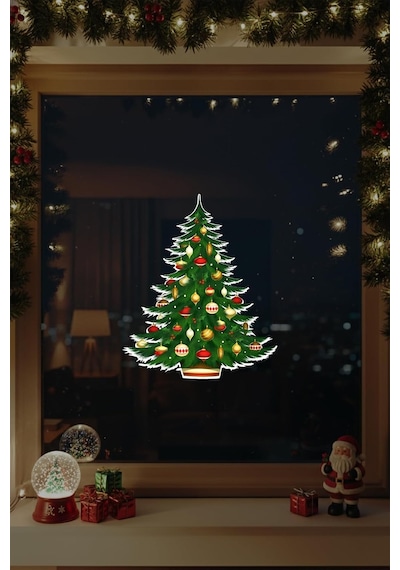 Mıgnatıs Yılbaşı Çam Ağacı Vitrin Sticker, Kendinden Yapışkanlı Folyo, Noel Temalı Kapı Ve Cam Süslemesi 40x Çok Renkli