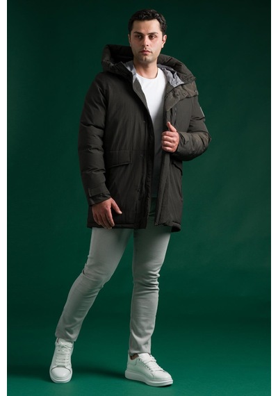 Slimfit Kapşonlu Çıtçıt Ve Fermuar Yan Fermuar Cepli Elyaf Dolgulu Astarlı Erkek Uzun Spor Mont 001