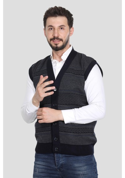 Kzc Tekstil Erkek Baba Orta Yaş Ve Üzeri Triko Örgü Akrilik Kışlık Kalın Dokulu Düğmeli Cepli Baba Yelek Lacivert