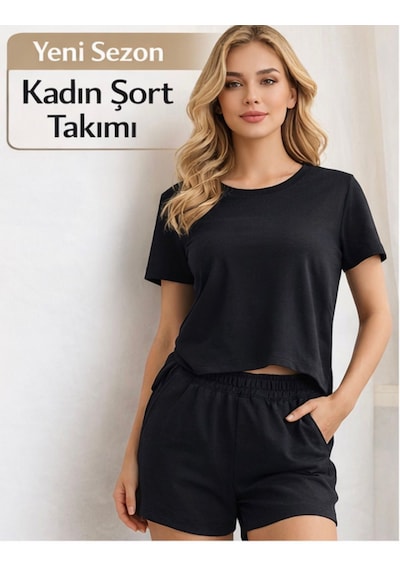 Kadın Siyah Şort Takımı Yazlık Basic Rahat İkili Takım
