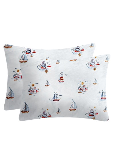 %100 Pamuklu Bebek Yastık Kılıfı 35x45 2 Adet - Yelkenli Beyaz - Mavi
