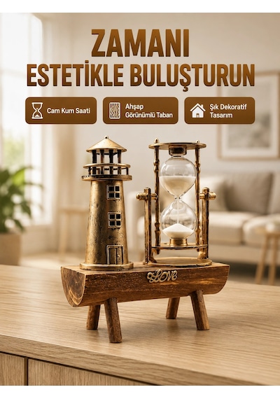 Deniz Feneri Tasarımlı Ahşap Kum Saati - Retro Masa Aksesuarı Yeni Nesil