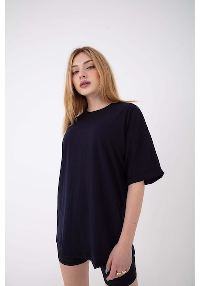 Flood Of Style Kadın Oversize Kısa Kollu Bisiklet Yaka Siyah