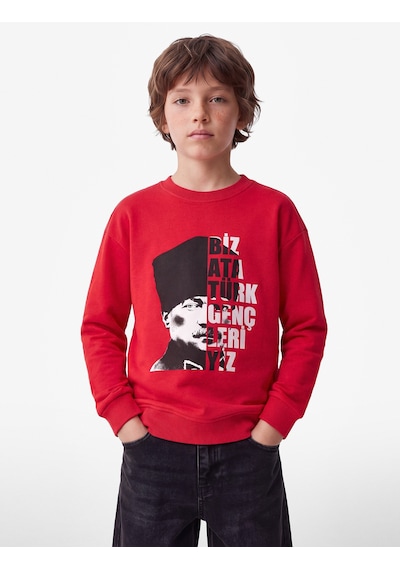 Koton Atatürk Baskılı Bisiklet Yaka Uzun Kollu Pamuklu Tişört Kırmızı 7wkb10538tk