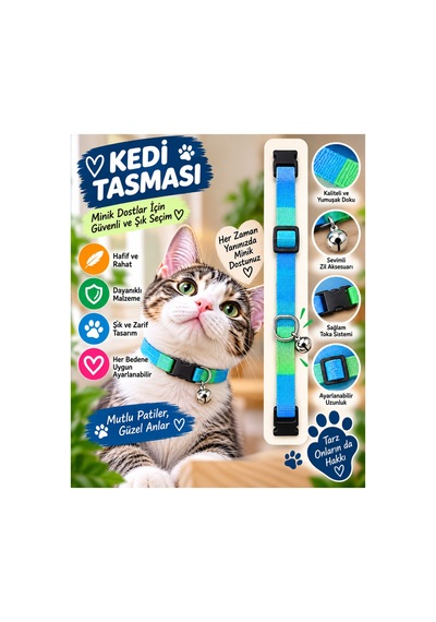 Kedi Tasması Mavi Yeşil İki Renkli Zilli Ayarlanabilir Klipsli Kumaş Kedi Boyun Tasması