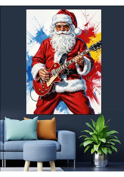 Ahşap Tablo Noel Baba Gitar Çalıyor Rock Hayvan Tabloları