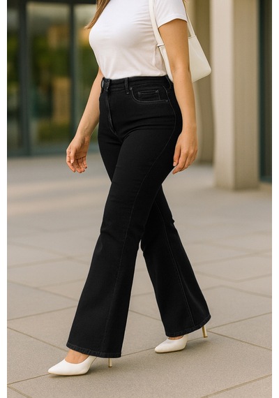 Cedy Denim Cedy Denım - Kadın Büyük Beden İspanyol Paça Yüksek Bel Skinny Fit Likralı Pantolon C628 Siyah