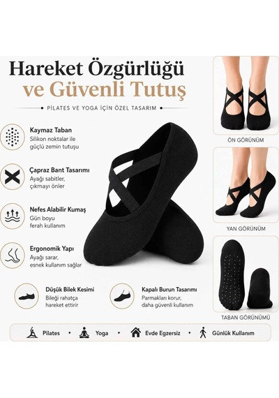 Çorap Giyim Kaymaz Tabanlı Kadın Balerin Tasarımlı Yoga Pilates Çorabı Çapraz Bantlı Spor Çorap Hac Umre Çorabı Siyah