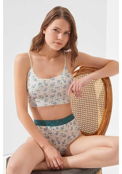 Cottonhill Krem Çiçek Desenli Ayarlanabilir Askılı Lazer Kesim Kadın Crop Büstiyer Dsn21