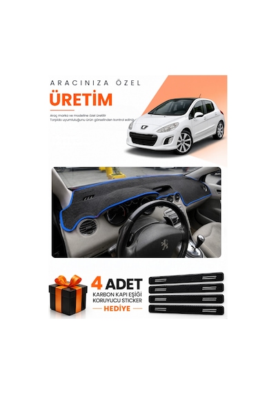 Peugeot 308 2008-2014 Uyumlu Torpido Koruma Örtüsü Oto Kılıfı - Siyah Mavi