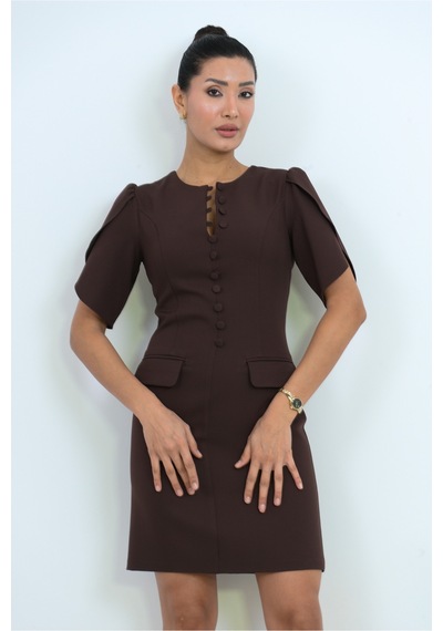 Dorne Moda Özel Seri Düğme Detaylı Mini Elbise - Düğün - Mezuniyet - Ofis Şıklığı Kahverengi Kahverengi