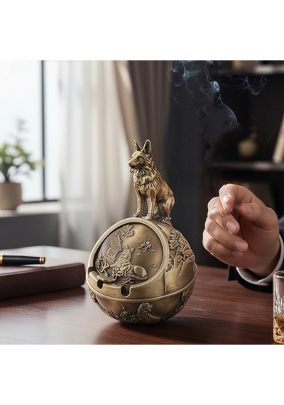 Kapaklı Metal Kurt Figürlü Küllük 17 16 Cm