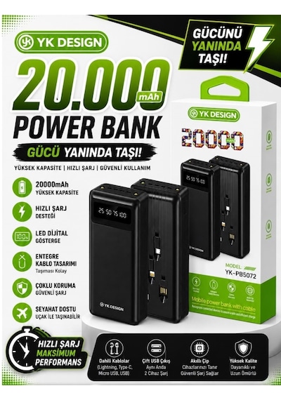 Yk Desıgn Pb-5072 20.000 Mah Kendinden Kalolu Powerbank Siyah