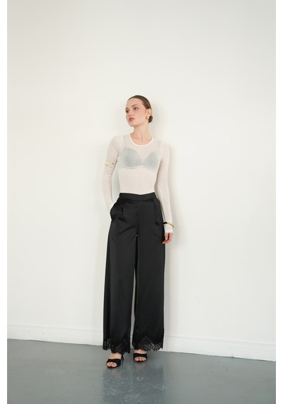 Verymoda Paçası Dantelli Saten Pantolon D2969 Siyah