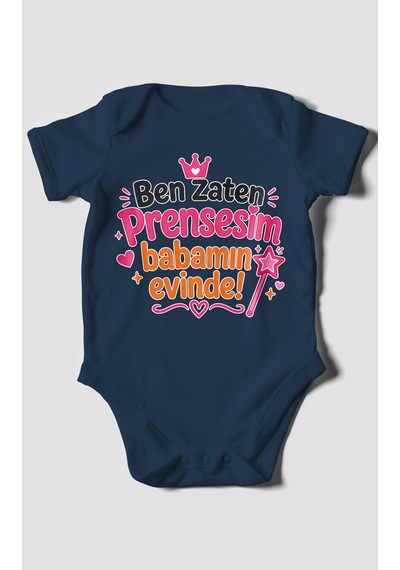 Morivokids Ben Zaten Prensesim Babamın Evinde Kısa Kollu Bebek Body %100 Pamuk Lacivert