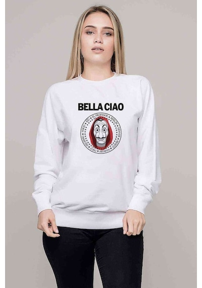 La Case De Papel Bella Ciao Baskılı Beyaz Kadın Sweatshirt (534622016)