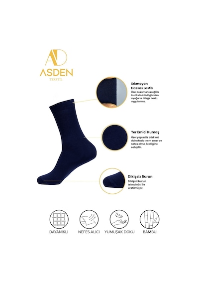 Asden Bambu Erkek Beyaz Soket Çorap 12'li Paket, Burun Dikişsiz, Yıkamalı 12 Çift Lacivert