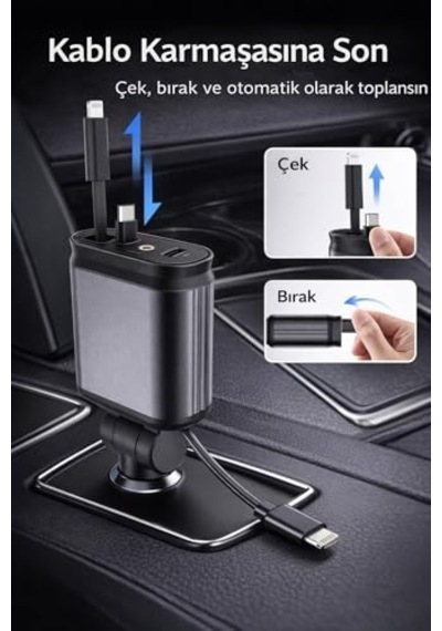 66w Hızlı Araç Şarj Cihazı, 4 Ü 1 Arada Geri Çekilebilir Kablolu Araç İçi Şarj Adaptörü, Lightning + Type-c Kablo, Usb-a Ve Usb-c Port, 12v/24v Çakmaklık Uyumlu