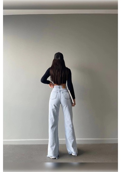 Buz Mavi Lazer Detaylı Premium Yıkamalı Wide Leg Jeans Buz Mavi Lazer