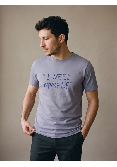 Maccali Erkek Lila I Need Myself Baskılı Bisiklet Yaka Tişört