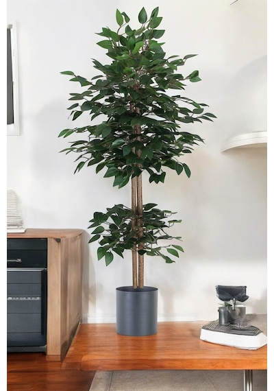 Yapay Benjamin Ağacı Bambu Gövdeli Yeşil Şık Metal Sıyah Saksılı 100 Cm Yeşil